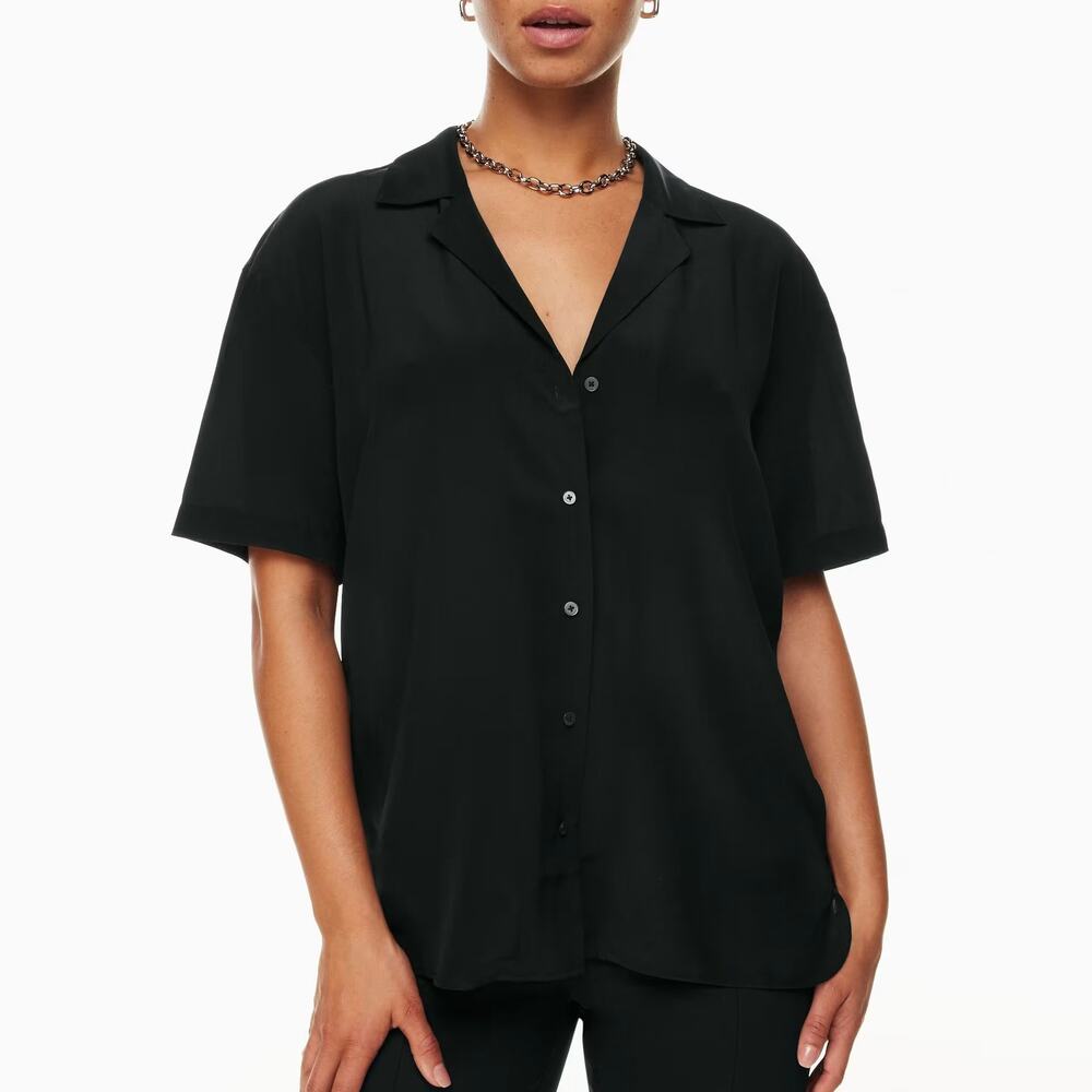 Aritzia Babaton Black Academy Silk Shortsleeve Blouse L Minimalist Relaxed Fit